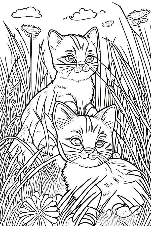 coloring page for kids, Cats in the grass, cartoon style, thick lines, low detail, no shading