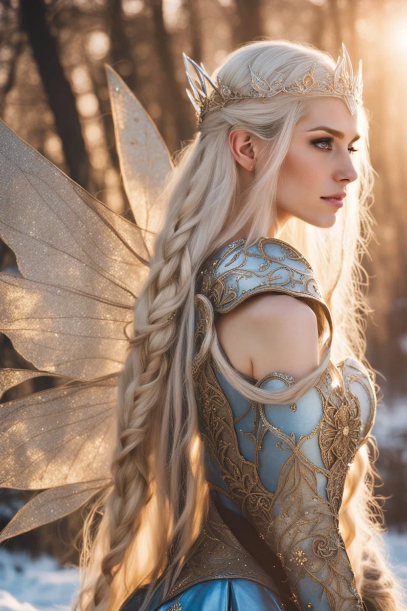 Elven princess,elven crown,long white blonde golden hair,rapunzel hair,ice flowers,beautiful,light blue,dark blue,golden armor,sparkle,glitter,ice flowers,snow,elven ears,dark fairy princess