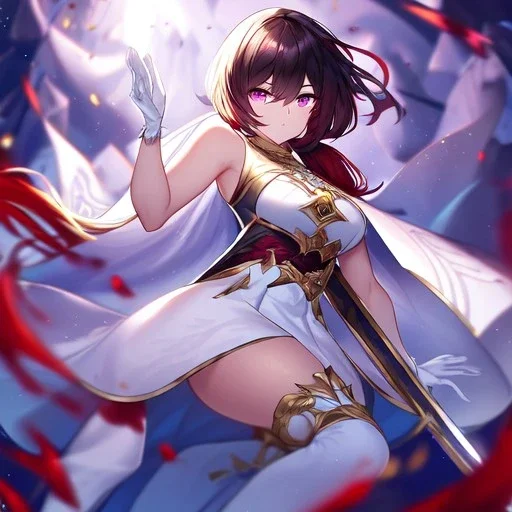 Clear focus, High resolution, Black red faded hair, low small ponytail, purple dead glowing eyes, white detailed split skirt, purple and white detailed sleeveless shirt up to neck, white gloves up to elbow, holding sword, gold necklace, white thigh high boots, zoomed out, (solo)