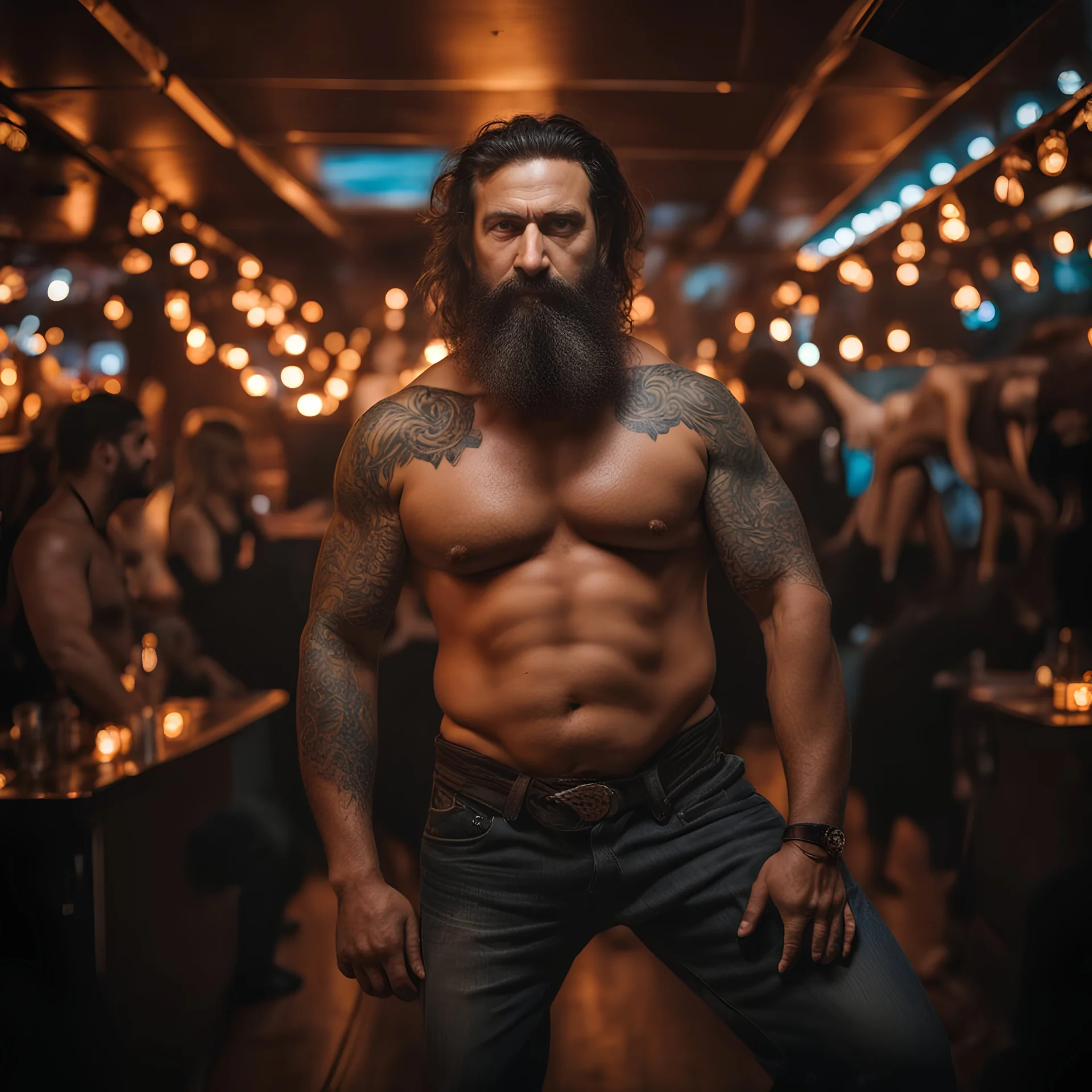 full figure photography of a burly trucker muscular strong 42-year-old turkish in a discoteque, serious, shirtless, short beard, dancing rock shirtless, manly chest, big shoulder, tribal tattoo, very hairy, side light, view from the ground