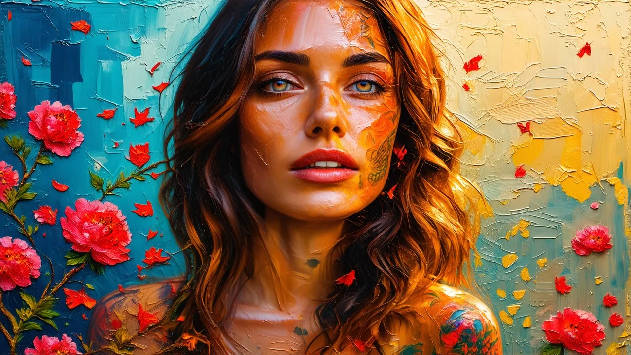 Mixed Media, Impasto, Layered, Distressed Vignette, Collage, Impasto, Highly Rough Textured, Dimensional, Very Rough Paint Brushstrokes, Alcohol Ink, Double Exposure, A WOMAN with a serene expression surrounded by vibrant peony storms and warm golden light, her skin etched with delicate botanical tattoos and her eyes reflecting the iridescent colors of her surroundings, Lens flare, glow, dissolves into digitally created composites of inky turbulent frames that send rusty scarlet petals soaring i