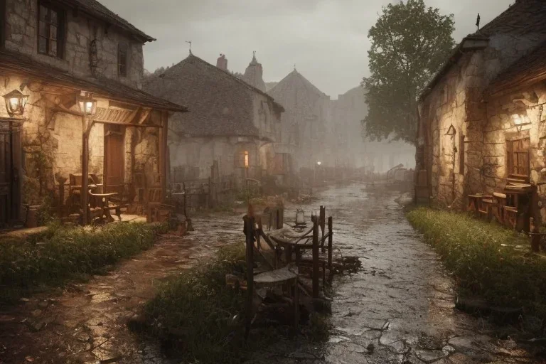 medieval fantasy poor village, rainy, stormy, dark, market, tavern, dirt path