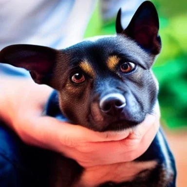 A man petting the cute dog