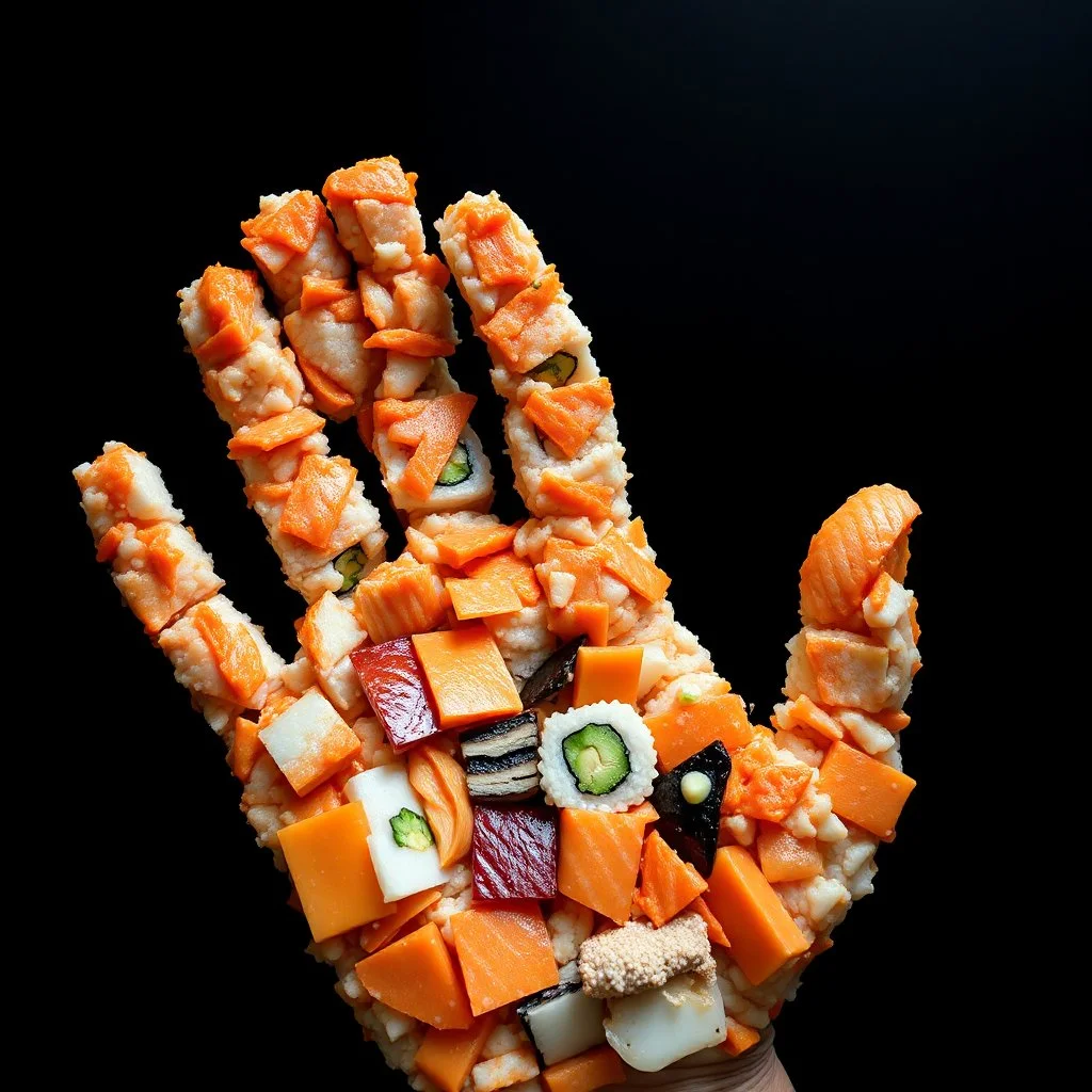 real photograph made on a gopro hero 11 camera, down-shot of a mosaic of sushi pieces forming a hand shape, dark negative space,