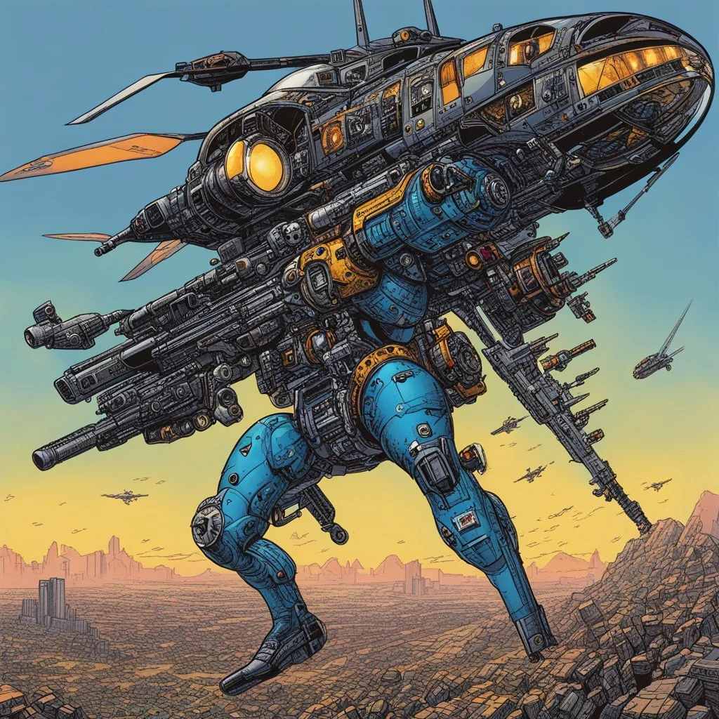 [art by JGeorge Perez] helicopterus alien with a lot of mini guns