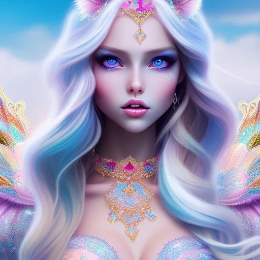  beautiful, soft, whide smile face,whole head,see full head, long blonde straight hair, blue eyes, fairy wings on the back, transparent crystal blue and pink clothes, background blue and pink, big definition, 8K