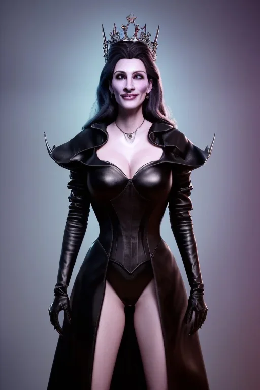 Julia Roberts as evil queen in black leather gown, evil, busty, cleavage, curvy, angry, stern look. character design by cory loftis, fenghua zhong, ryohei hase, ismail inceoglu and ruan jia. unreal engine 5, artistic lighting, highly detailed, photorealistic, fantasy