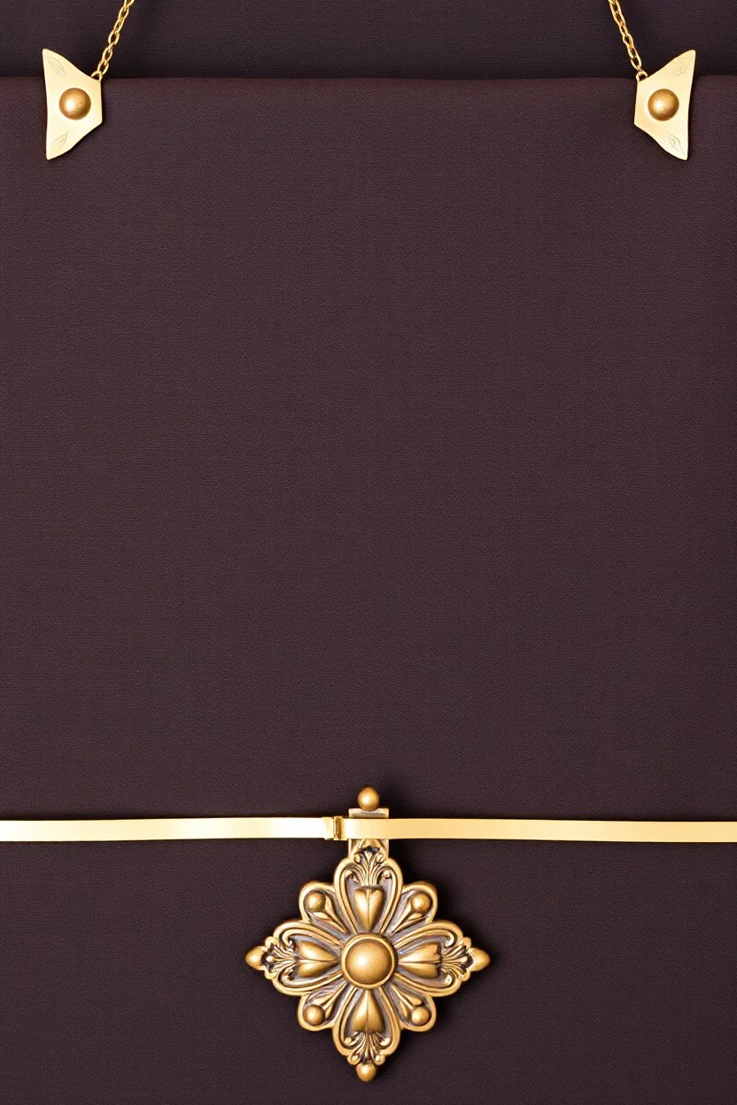 darker textured hanging fabric background, with decorative brass corners at top, and a wide brass decorative element clamped across the bottom