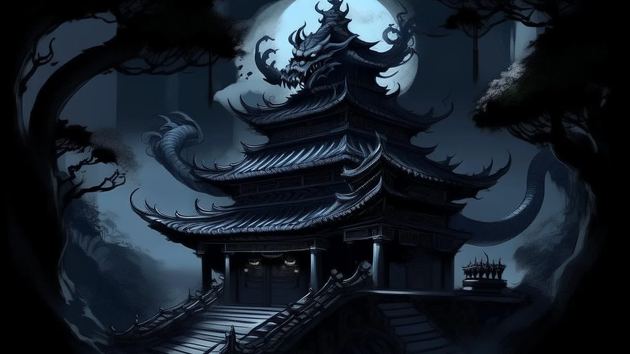 A dark bluish black shadowy temple with a moon dragon painted by Hashimoto Gaho