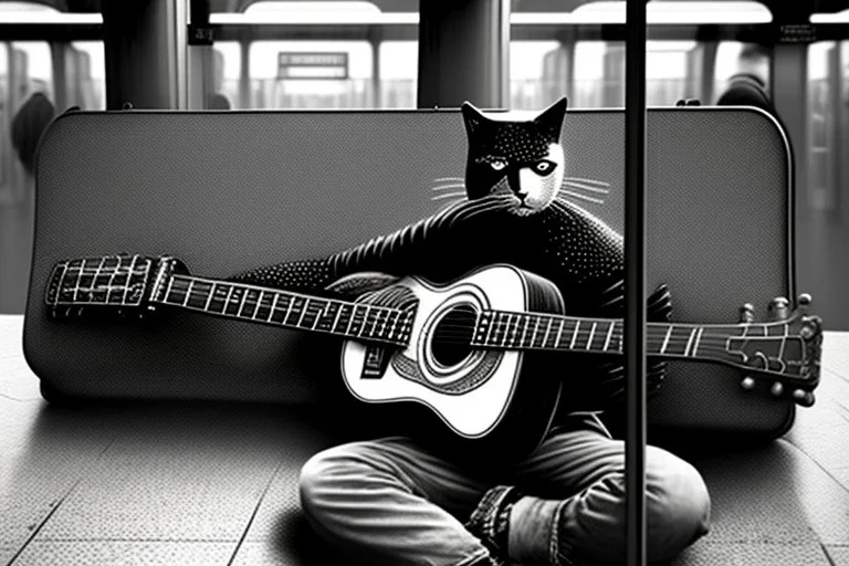 One single mature cat, perfect iris,guitar case, wearing clothes, sitting in the subway, Vienna, friendly, model style, hyper realistic, extremely accurate, delicate, extremely detailed, Graphic novel style, wide-angle, open aperture, superfine pencil