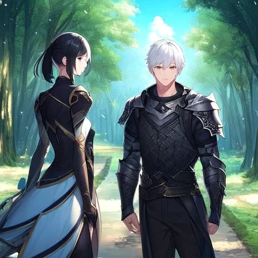 Girl with white hair. Boy with black hair wearing leather armor. Forest path