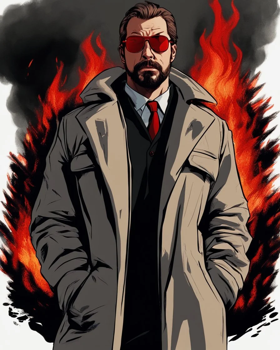 a young man with big muscles who looks like hans gruber wearing a heavy coat and red sunglasses staring with an irritated look on his face standing in front of a large fire