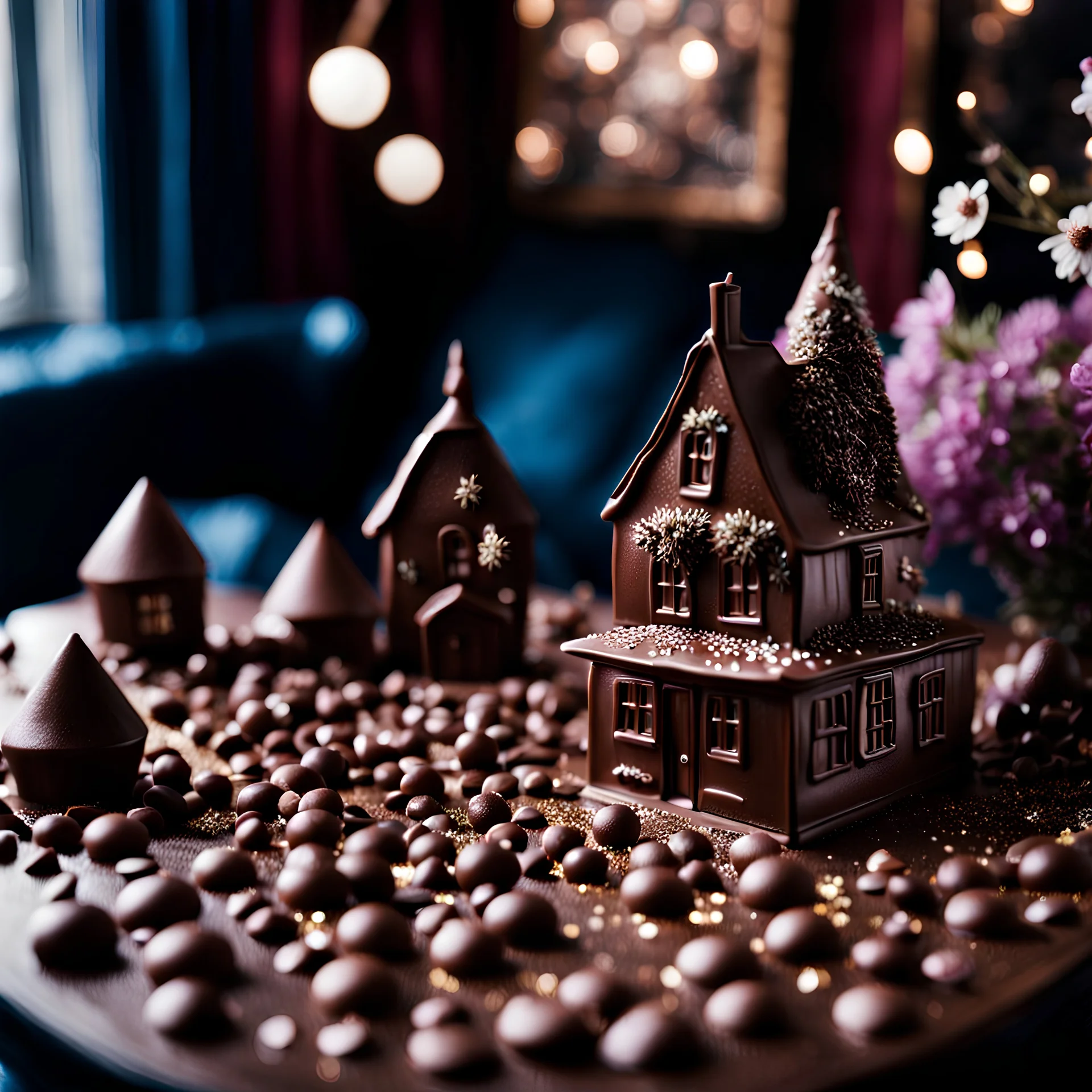Detailed people, living-room made of milk chocolate, volumetric light flowers, naïve, strong texture, extreme detail, Yves Tanguy, decal, rich moody colors, sparkles, Harry Potter, bokeh, odd, shot on Ilford