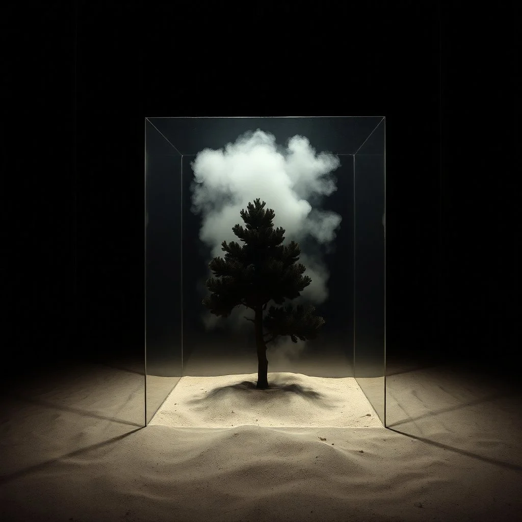 A photo of a dark, closed environment in a museum. At the center, a transparent structure made of plexiglass encloses a misty element. There are dark trees. The surface below appears to be sandy, with small dunes or accumulations of sand. In the background, other forms or structures are visible, some of which are dark and organic in appearance. The photo was taken with a Hasselblad H6D 400c camera.