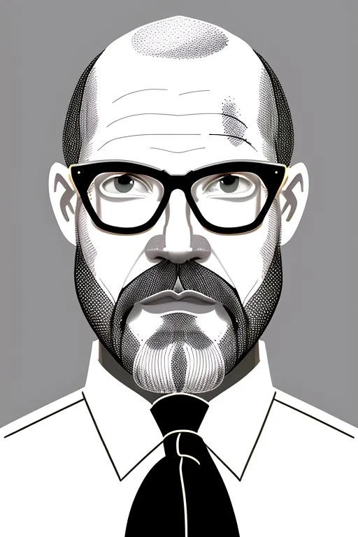 black and white,real estate agent,bald white male with grey beard,55 years old,metal wire frame glasses,, necktie,portly,detailed drawing,white background