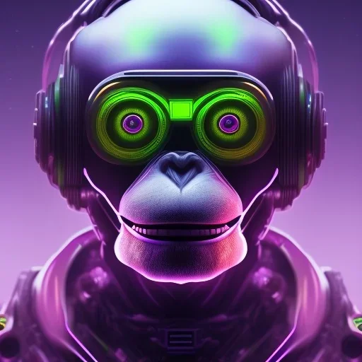 A beautiful portrait of a cyborg monkey purple neon color scheme, high key lighting, volumetric light high details psychedelic background