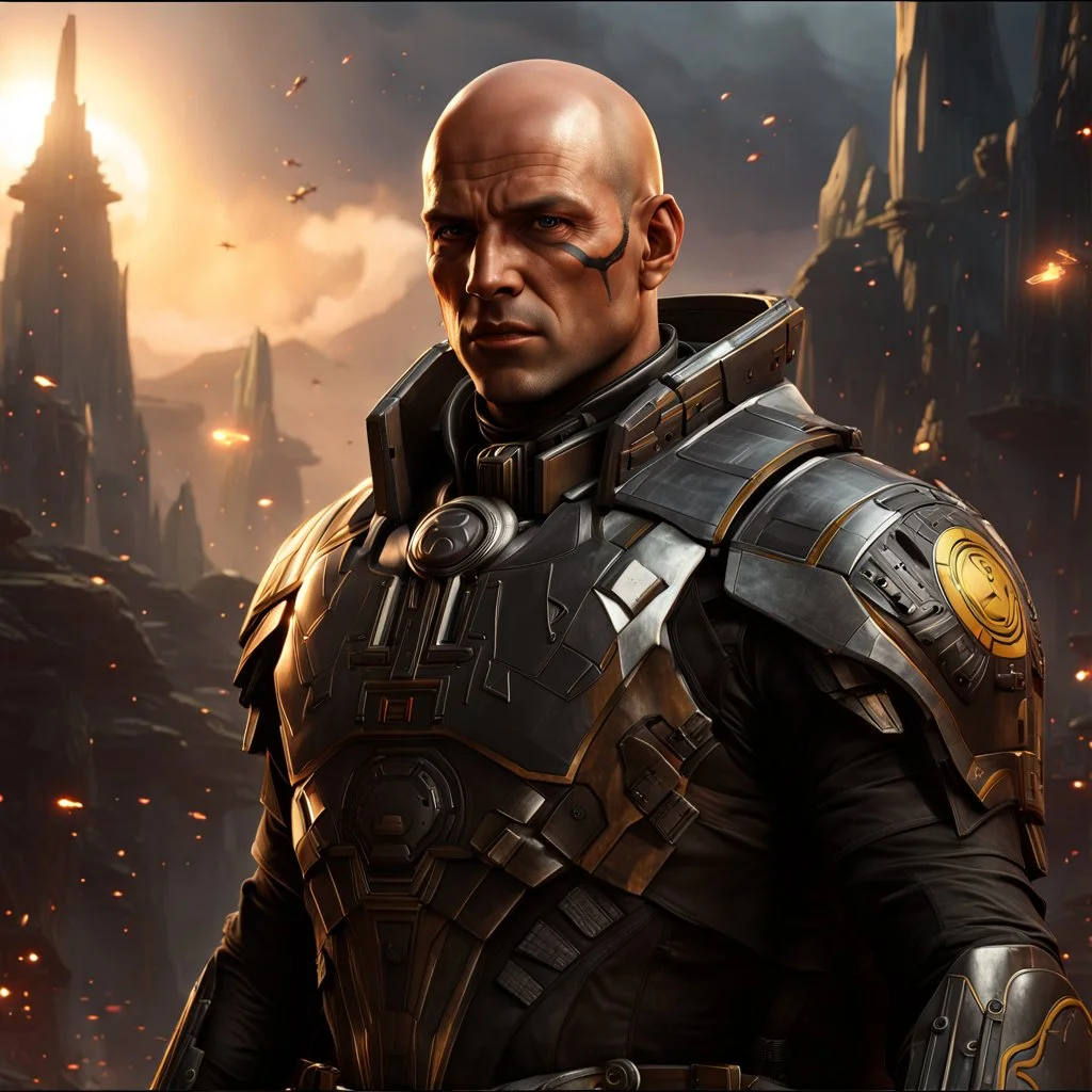 star wars bald male corellian pilot wearing pearlescent black and gunmetal grey First Order special forces heavy assault stealth commando armor and helmet with gold trim inside the jedi temple, hyperdetailed, dynamic lighting, hyperdetailed background, 8k resolution, volumetric lighting, light skin, fully symmetric details