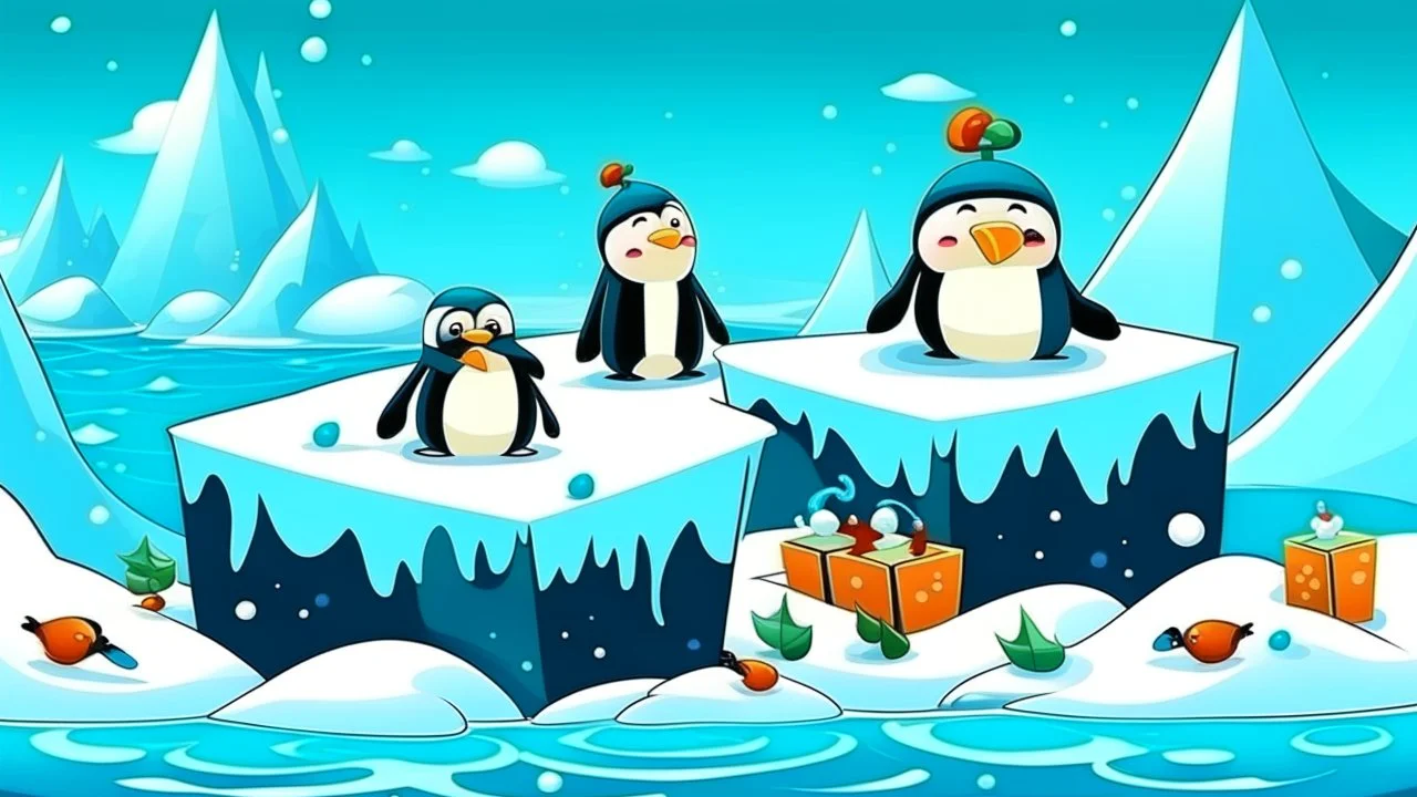 fantasy cartoon illustration: Penguins float on an iceberg with Christmas presents