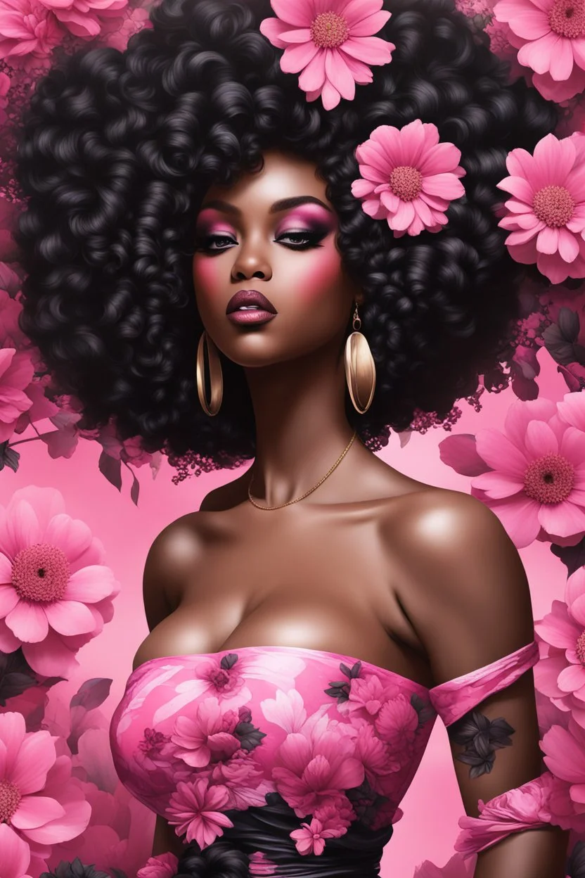 Create an urban art style image of a curvy black female wearing a pink off the shoulder blouse and she is looking down with Prominent makeup. Highly detailed tightly curly black afro. Background of large pink and black flowers surrounding her