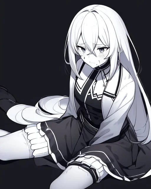 hurt, black and white, anime girl sitting with full-black background