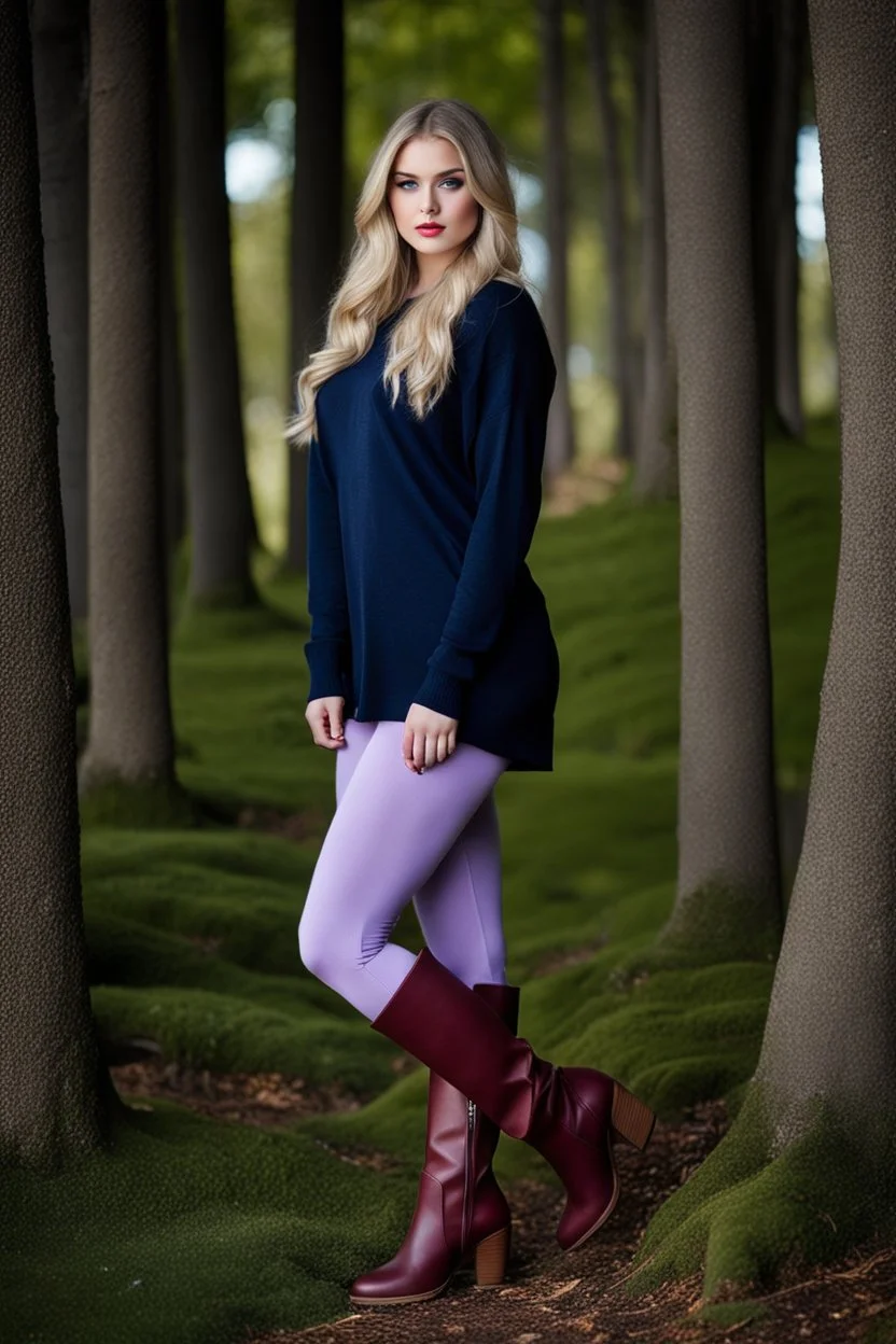 beautiful 18 year old girl with ash blonde hair and blue eyes with her curvy hair down, wearing a long-sleeved woollen top, and lilac long leggings, with long red boots full body shot