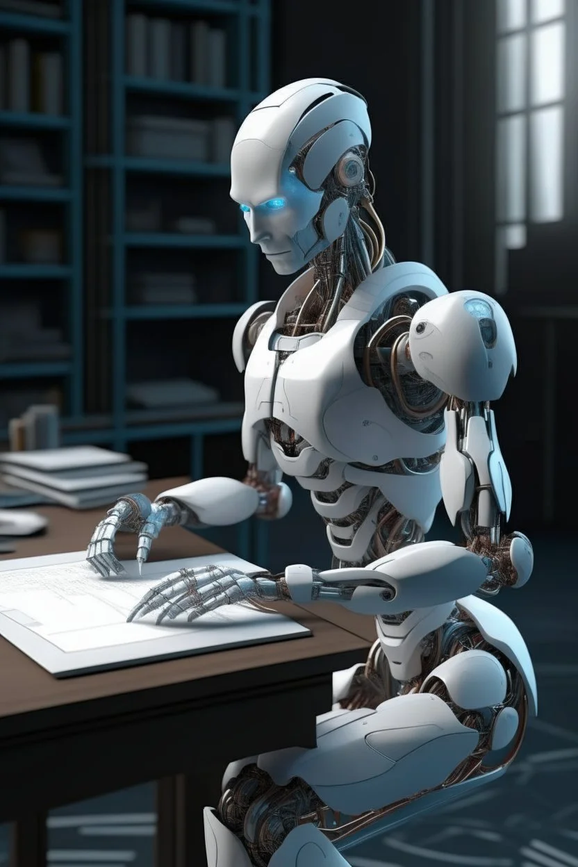 generate a front cover representation of Ai photo realistic attractive full body humanoid bot writing a book at a desk