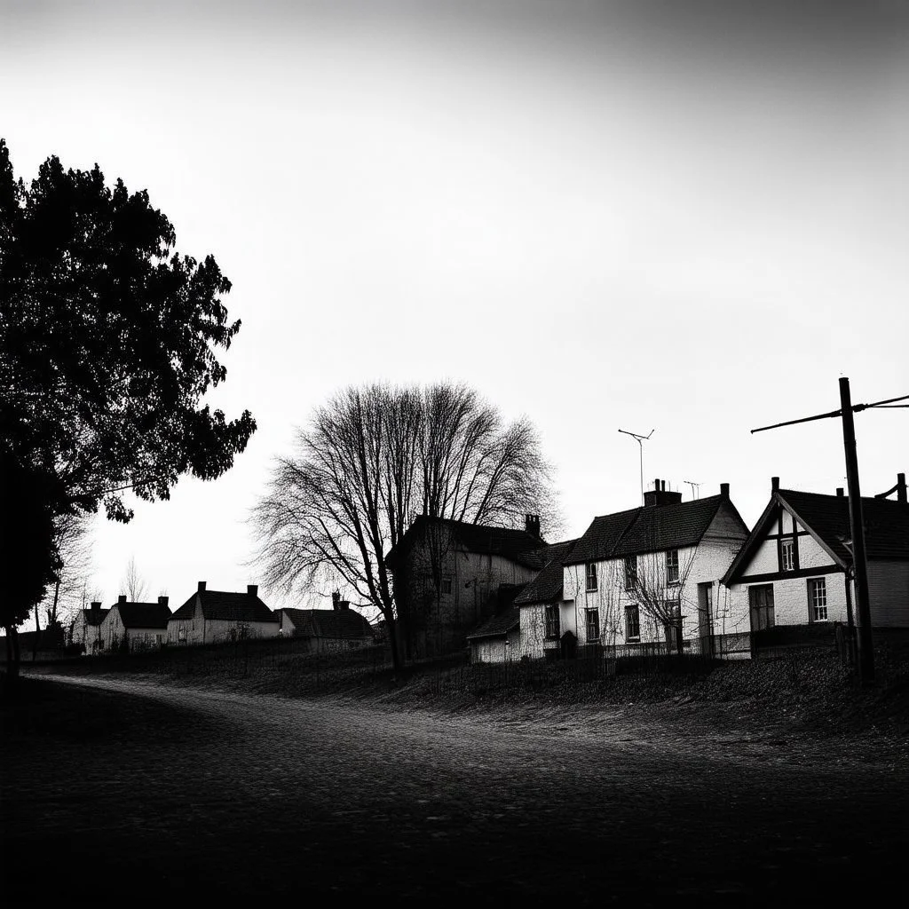 A landscape, odd black and white old photo, dystopic atmosphere, trees, some odd houses, George Grosz