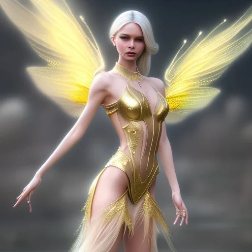 beautiful fairy very etheric, nice smiling, long blond hair, magic glamour pink make up, delicate colors, complete vision of very transparent golden and big wings, beautiful glamour transparent golden dress, ultra sharp focus, 8k, unreal engine 5, extremely sharp detail, light effect, soft light atmosphere, smooth, full of details, face in front, complete vision of face and hair and of the body