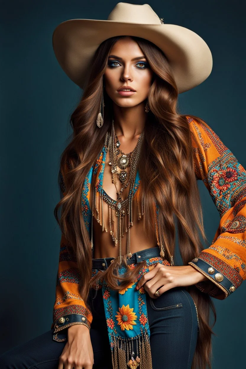 high fashion magazine, studio photography, portrait of a hippie cowgirl, young spanish beauty model, longer hair, beautiful face, beautiful skin advertising