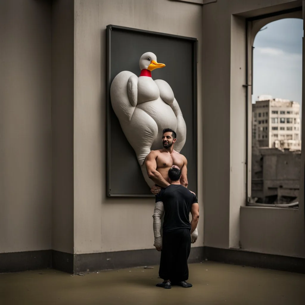 a Persian gay muscle man with a big duck doll in a modern street in Tehran with towers.