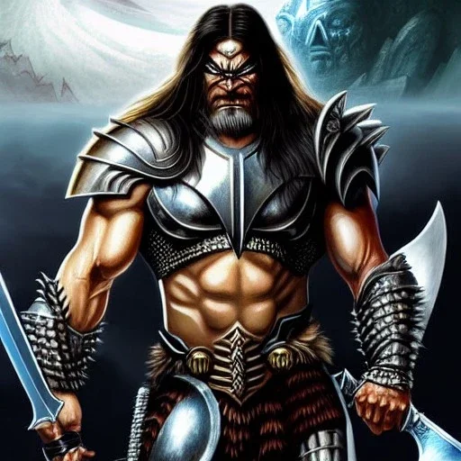 ultra detailed fullbody portrait of Doomsday, intense stare ,wearing metal armor, Holding Conan The Barbarian Atlantean Sword,extremely detailed digital painting, intrincate, extremely detailed face, in the style of Ohrai Noriyoshi and robert e howard and pablo oliveira and ARTGERM and Ken Kelley and Keith Parkinson,mystical colors,perfectly centered image, perfect composition, rim light, beautiful lighting,8k, stunning scene, raytracing