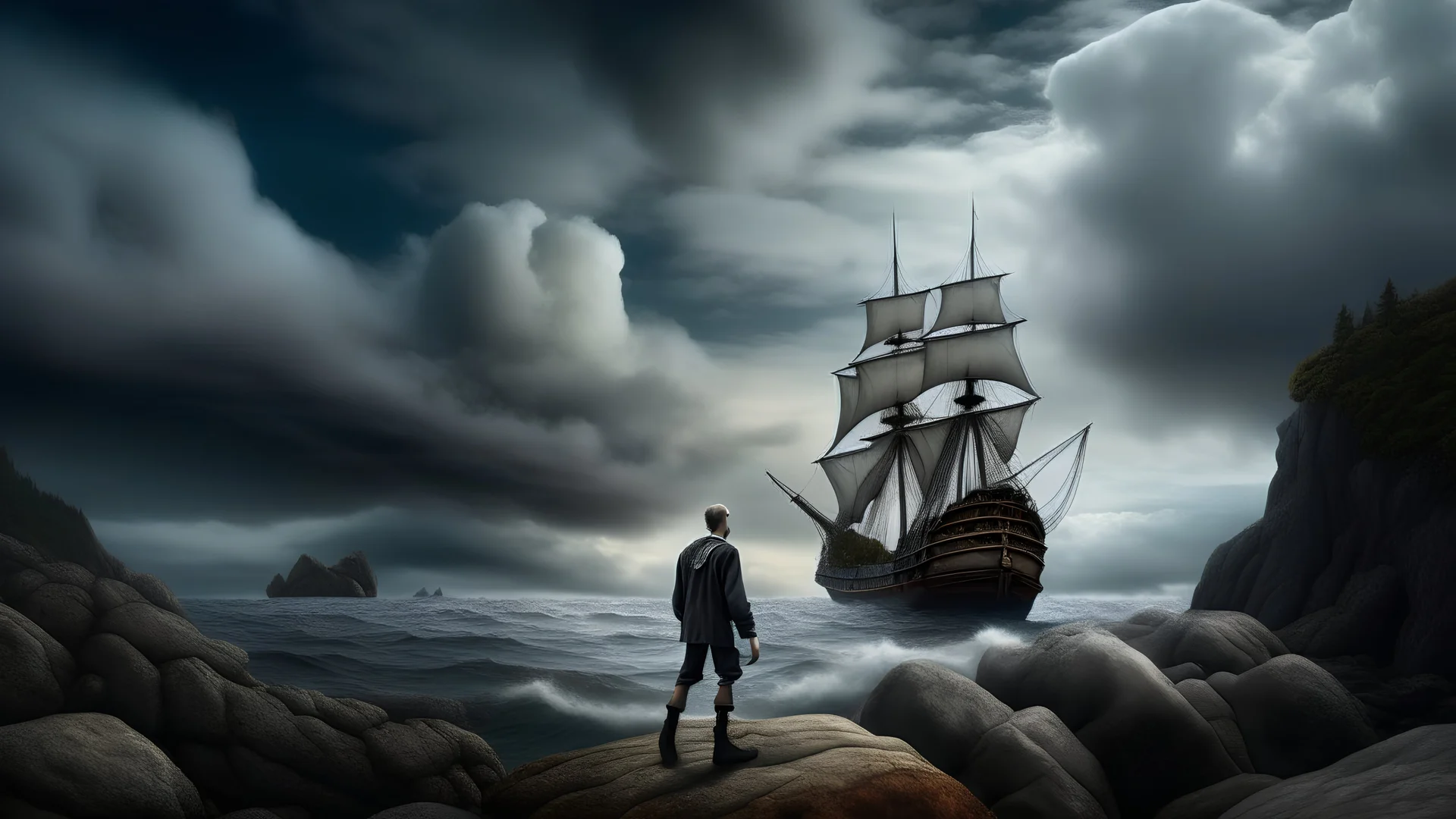 A surreal image of a large sailing ship with white sails floating above a man standing on a rocky shore, with a dramatic cloudy sky in the background