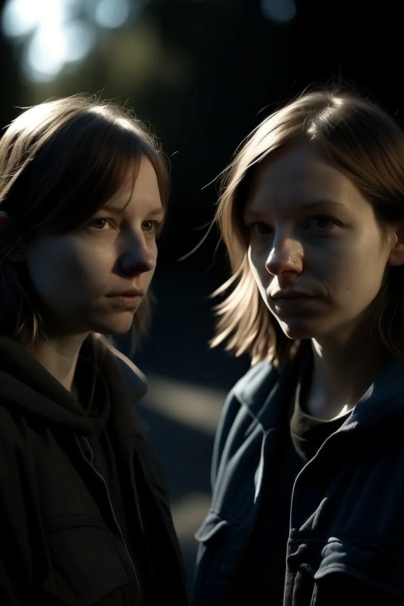 yakın 2 kız arkadaş 2D uzak uzaktan görünüm poz veriyorlar the walking death tarzı kameraya dönük yüzleri değişsin kameraya dönük Gölgelendir