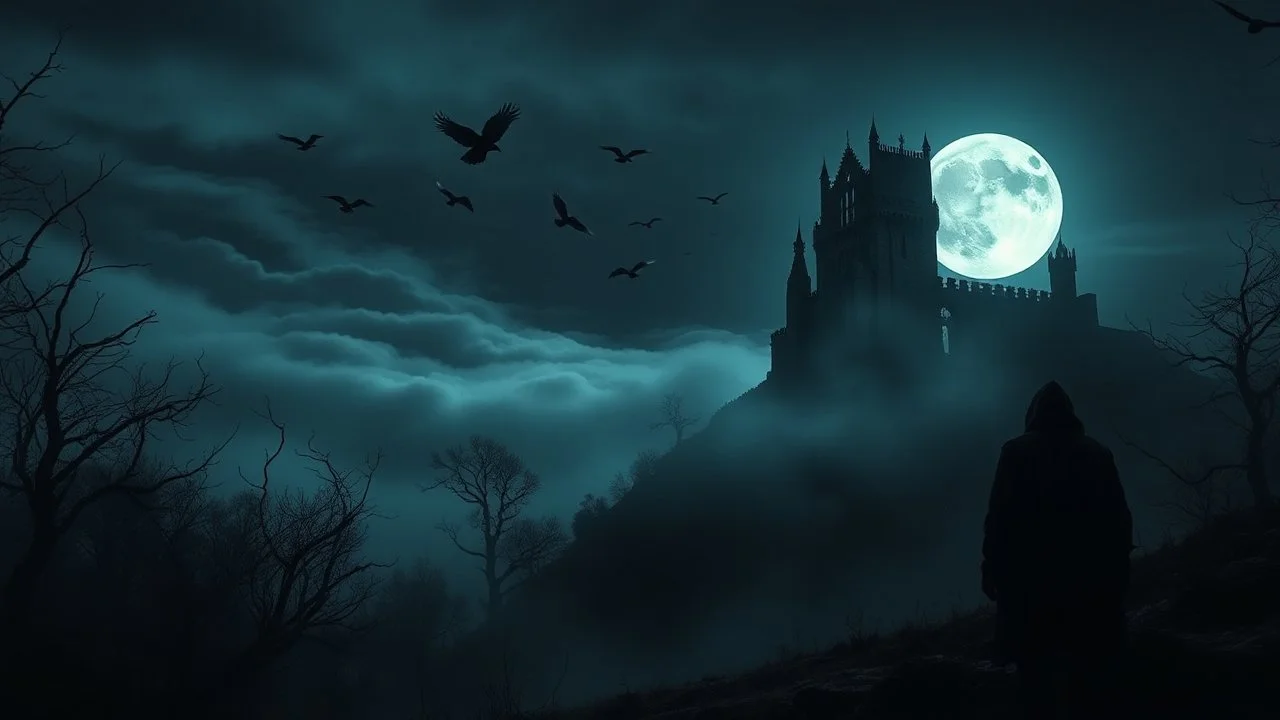 A dark gothic fantasy landscape at night, cinematic wide shot, a ruined gothic castle standing on top of a steep hill on the right side of the image, illuminated by a large full moon high in the sky. Thick rolling fog drifts across the ground and around the hill. Several raven silhouettes fly across the moonlit night sky. On the left side, a dark, dense forest with twisted, leafless trees. At the edge of the forest stands a lone black-hooded figure, seen from behind, fog, cinematic