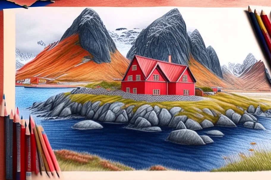 Colored pencil drawing, Very detailed, Drawing of the colorfull nature of Lofoten Island in Norway, with a characteristic red houses, Ultra Realisic