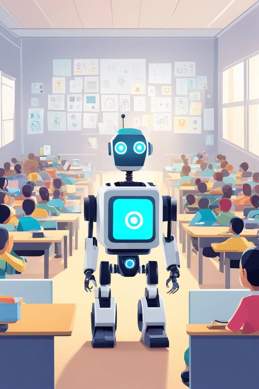 a robot teacher in a classroom with a lot of different student robots: reader, builder, speaker,