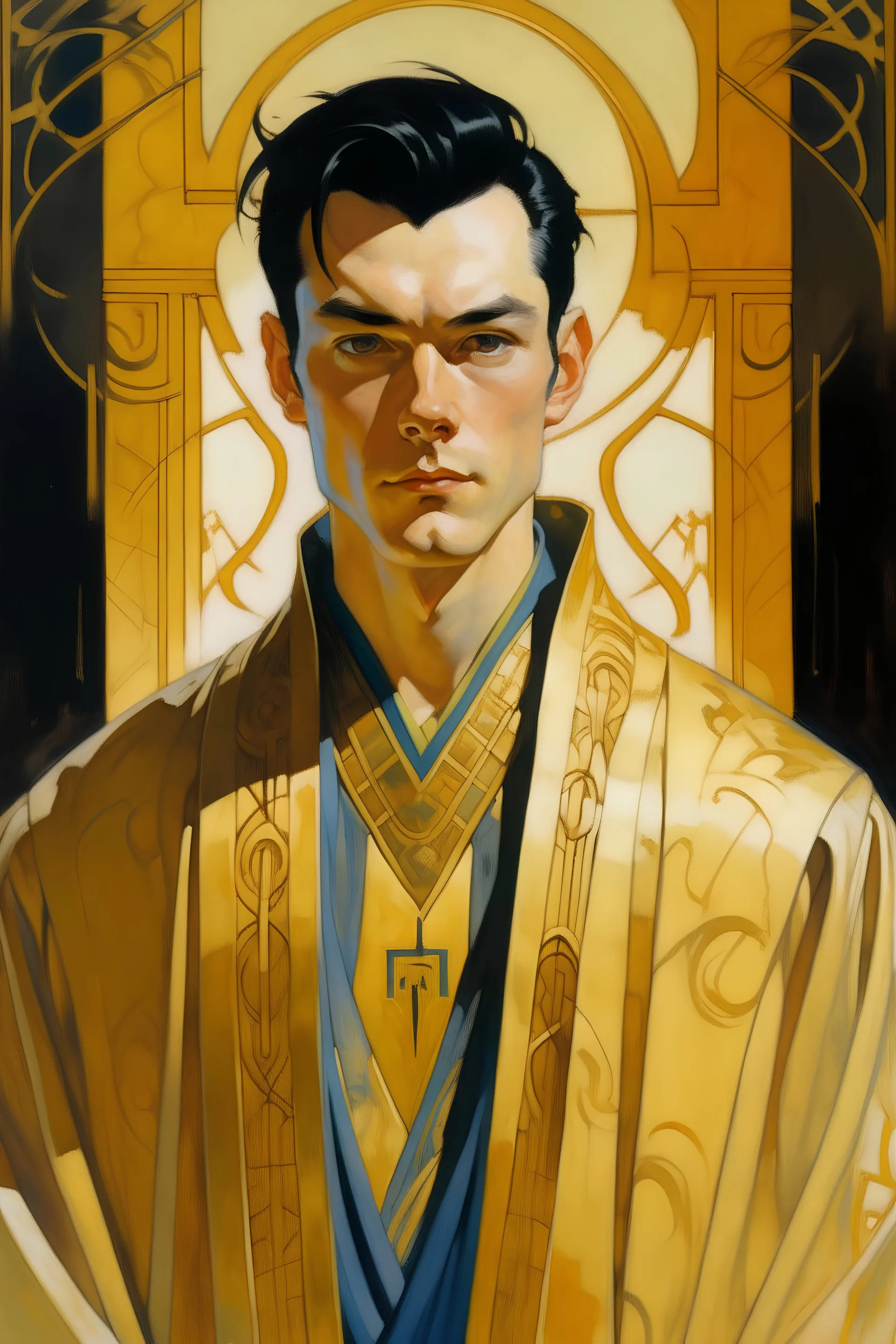 a young man with wiry black hair wearing strange light coloured tight fitting robes with gold trim and inscriptions, angus mckie art style, thin faced, strong nose, sharp features, bold colouring