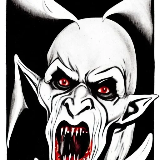 Nosferatu vampire with white skin and horns on the jaw with giant mouth full of fangs