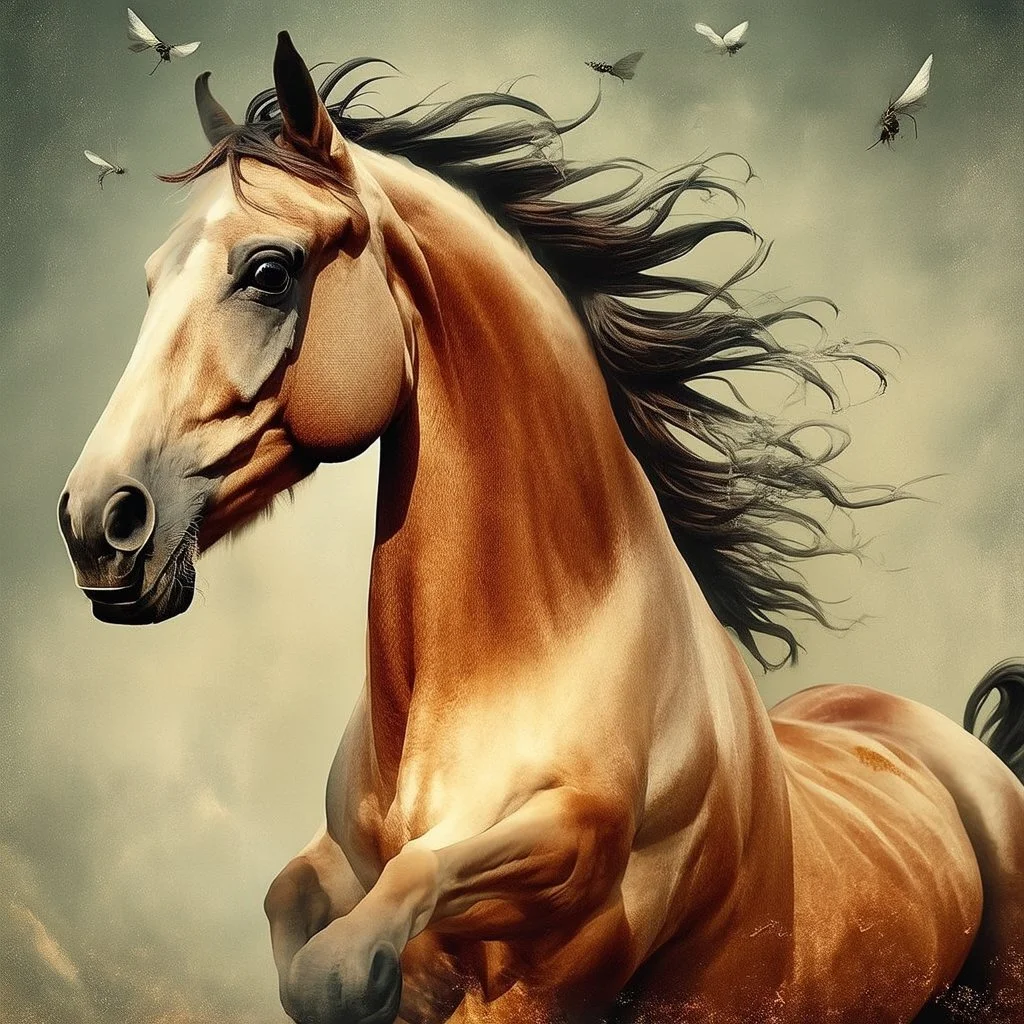 PROMPT: Young stallion in motion, captured in a modern vintage photography style. The image blends necronomic-inspired illustrations with a tabletop photography approach, reminiscent of the 1890s. Hyper-realistic animal portraiture is combined with a ghostly aura and subtle, buzzing details.