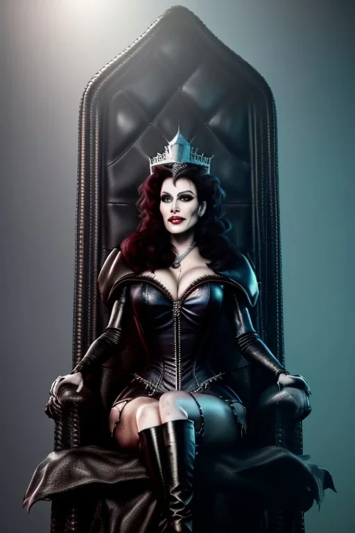 painting of lisa ann as evil queen in black leather, sitting on a throne, leather, angry, stern look, volumetric lighting, particales,highly detailed,cinematic, deep colours,8, highly detailed, digital painting, artstation, concept art, smooth, sharp focus,