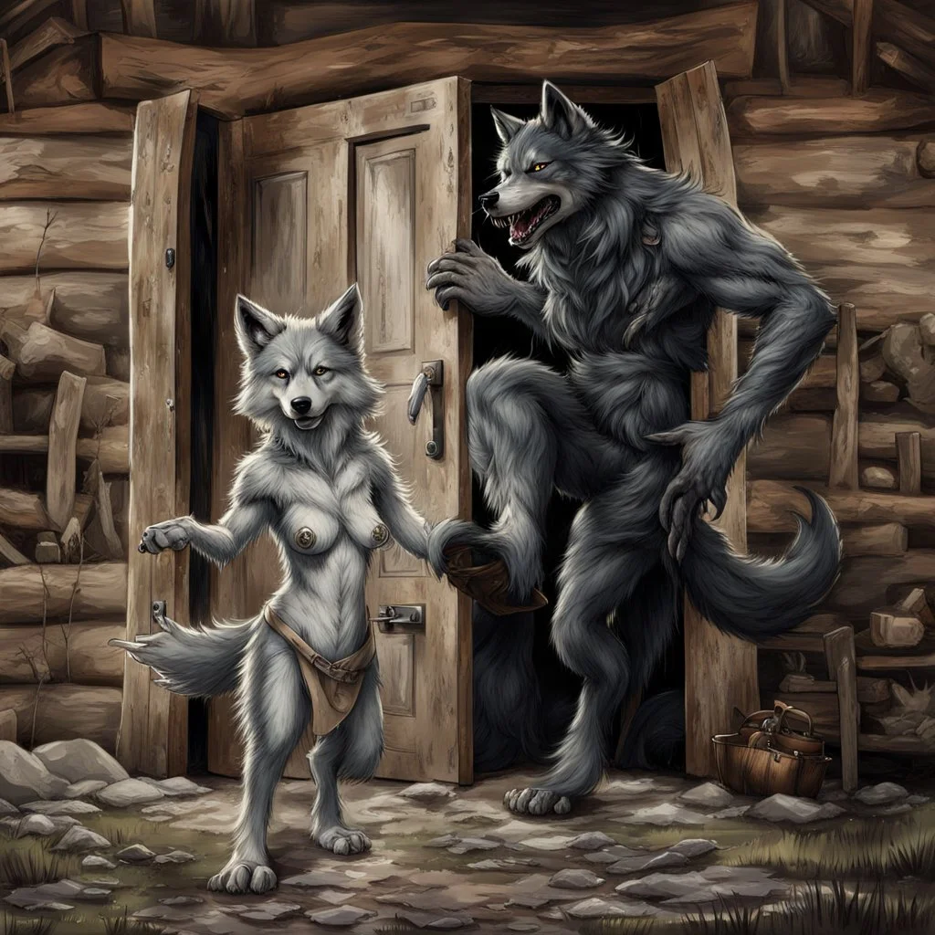 fantasy digital art of a young anthro wolf kicked out of the house, she have gray hairy wolf body and wears just a short canvas rag around her waist , she have sadly face in the rain , behind her an tall angry anthro wolf man in dark gray body hairy kicks she out the door with his foot, behind in rustic halb open door in an massive wooden house, rainy day, detailed, fantasy mood