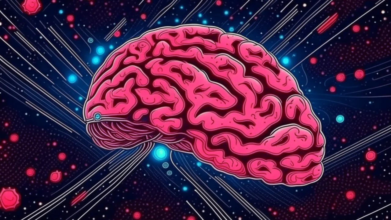 Comic style, bare pink human brain flying trough the universe, background galaxy's