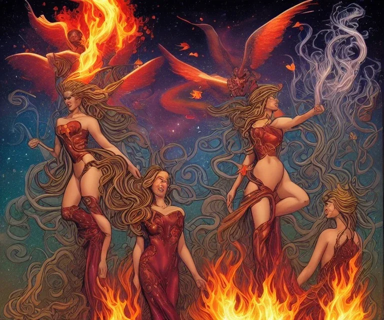 four dolldivine representing each one the four elements: fire, earth, air, and water. Mark Brooks and Dan Mumford, comic book art, perfect, smooth elemental galactic space core royalty queens crown.