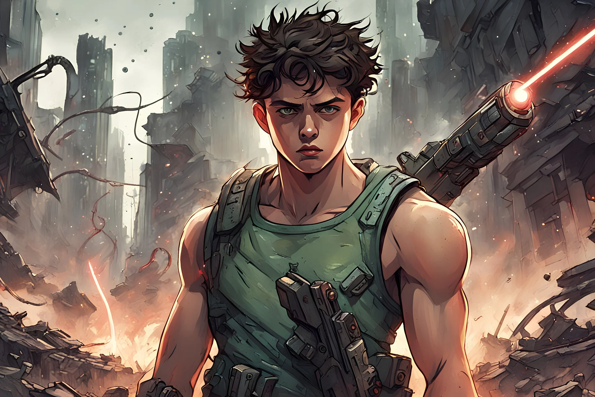 Comic Book Art Style, portrait shot, a teenage boy in tank tops, rugged and determined, with futuristic laser guns in hand. They're locked in an intense battle against monstrous, tendril-sprouting floating blobs in a post-apocalyptic cityscape. The destroyed buildings and debris add to the chaos and destruction of the scene.