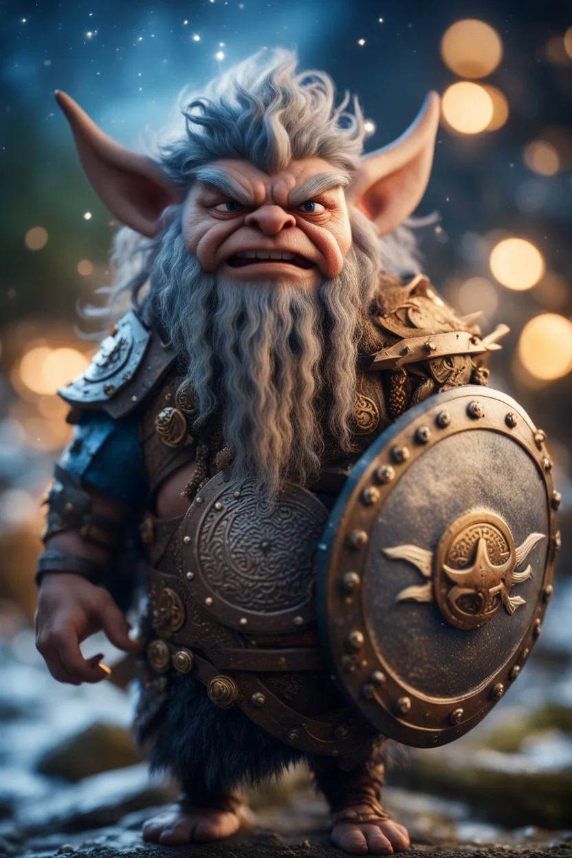 epic elven gremlin viking with wild hair and big holy ornamented shield Under stjerners gnist Vi går som ett, vår tro et løfte ,bokeh like f/0.8, tilt-shift lens 8k, high detail, smooth render, down-light, unreal engine, prize winning