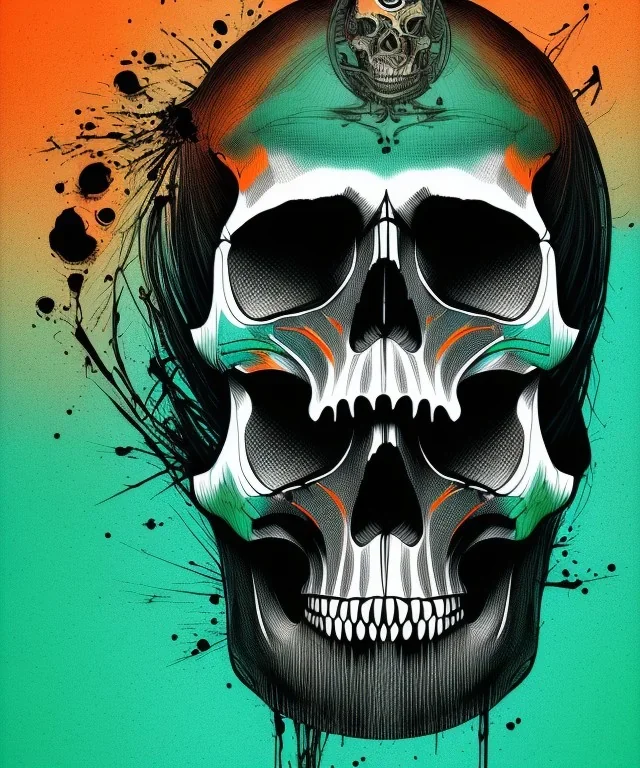 minimal lineart skull. watercolor and ink. black background. teal and orange