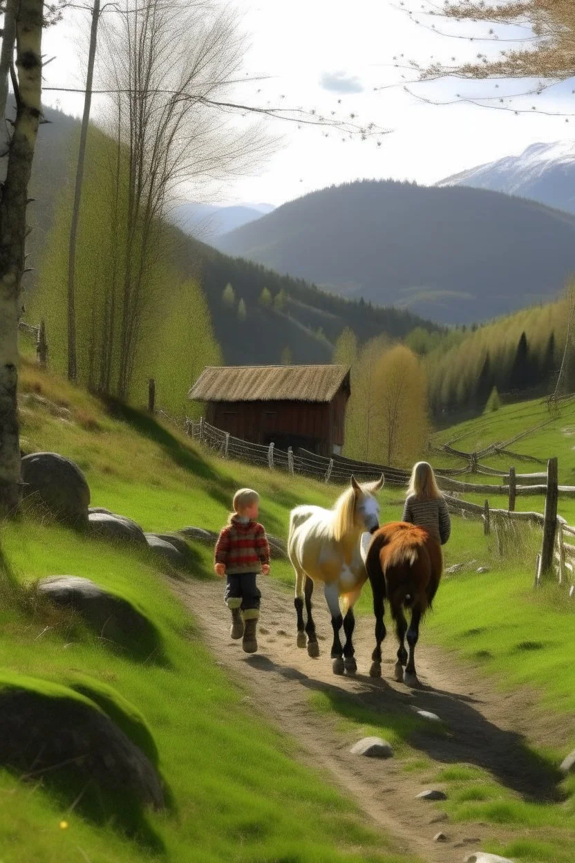 Spring in skåbu, sun, children walking in mountains, horse, broken tractot