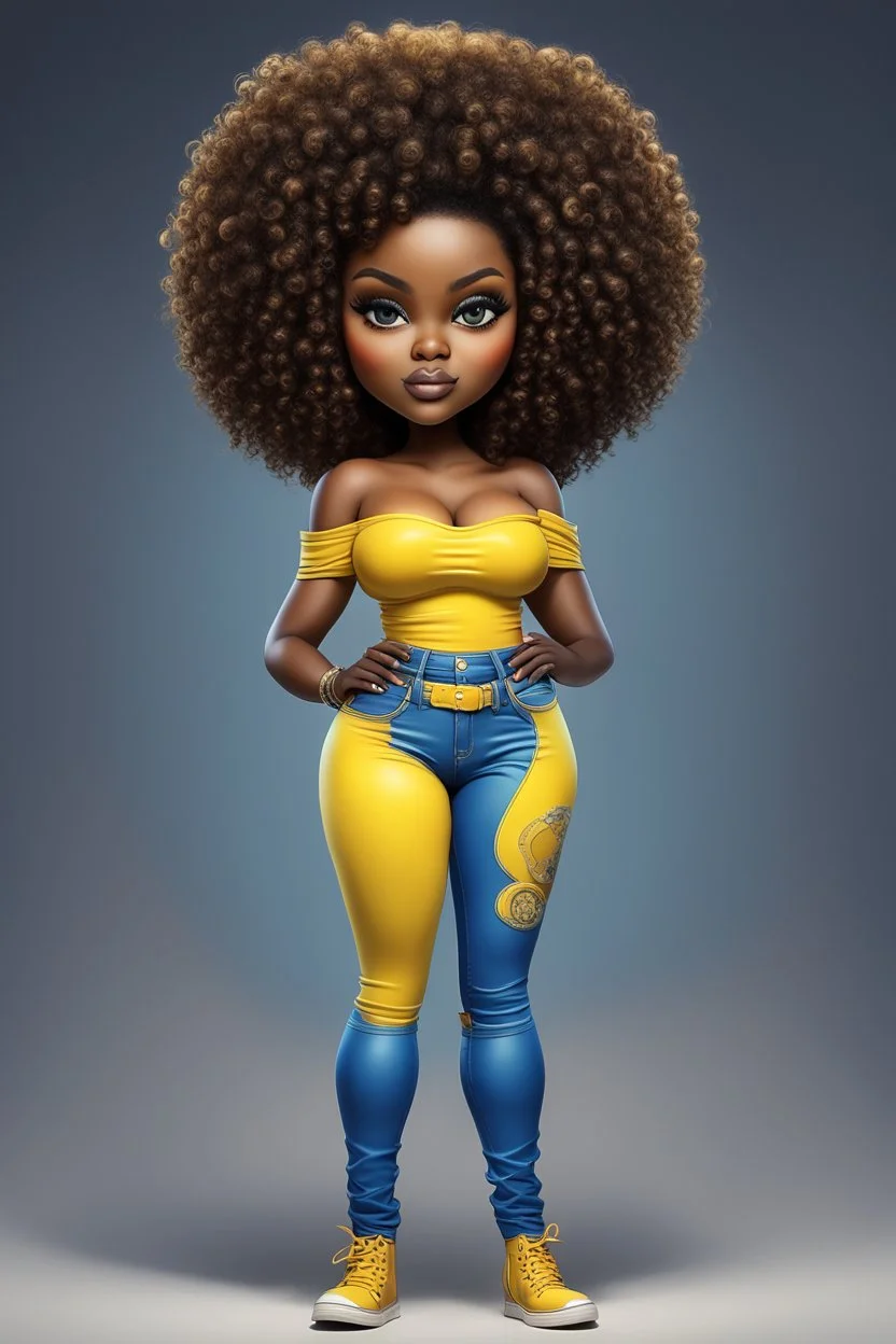 Create an airbrush image of a curvy chibi cartoon black female wearing tight yellow jeans and a blue off the shoulder blouse. Prominent make up with hazel eyes. Extremely highly detailed shiny, wild and large tight curly afro