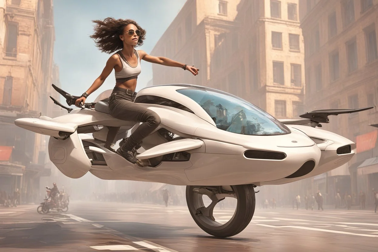 young woman astride a large hoverbike, with no wheels, floating on an alien street