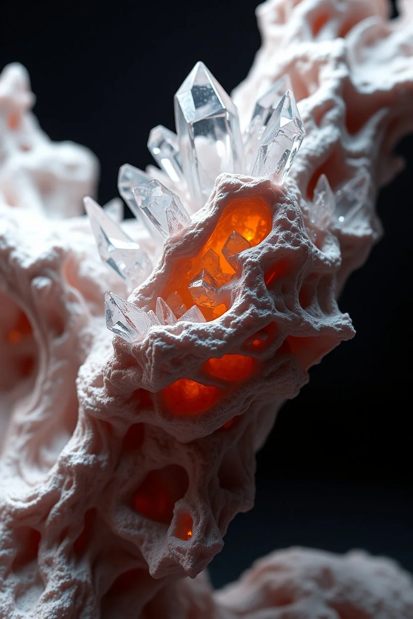 Surreal biomorphic 3D digital sculpture of living tissue evolving into geometric crystal clusters, porous organic cavities, translucent skin layers, cinematic rim lighting, dark studio background, ultra detailed macro render, 8k
